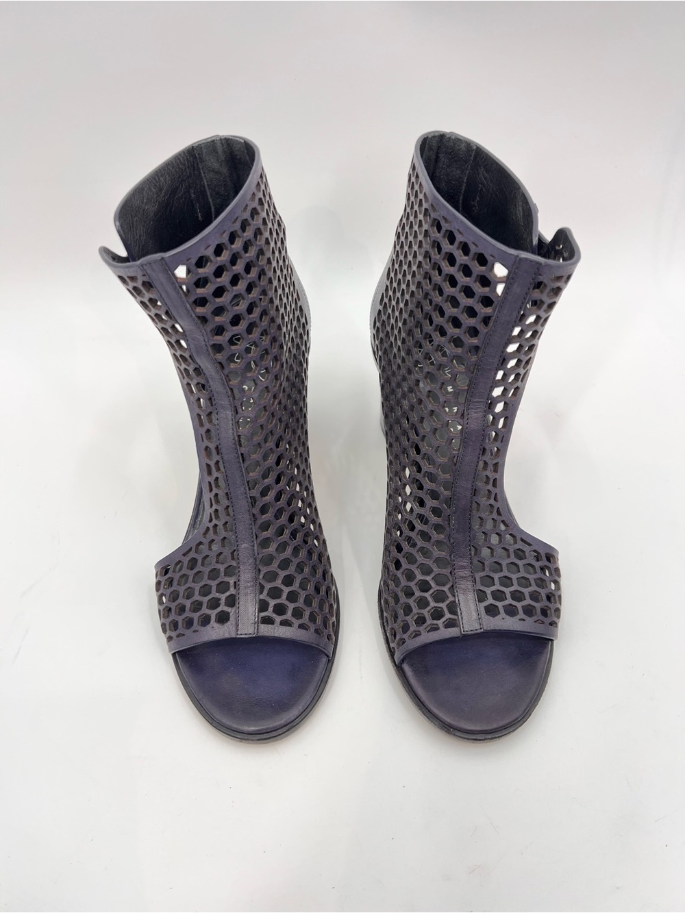 Zero + Maria Cornejo Navy Purple Laser Cut Honeycomb Leather Block Heel Boots